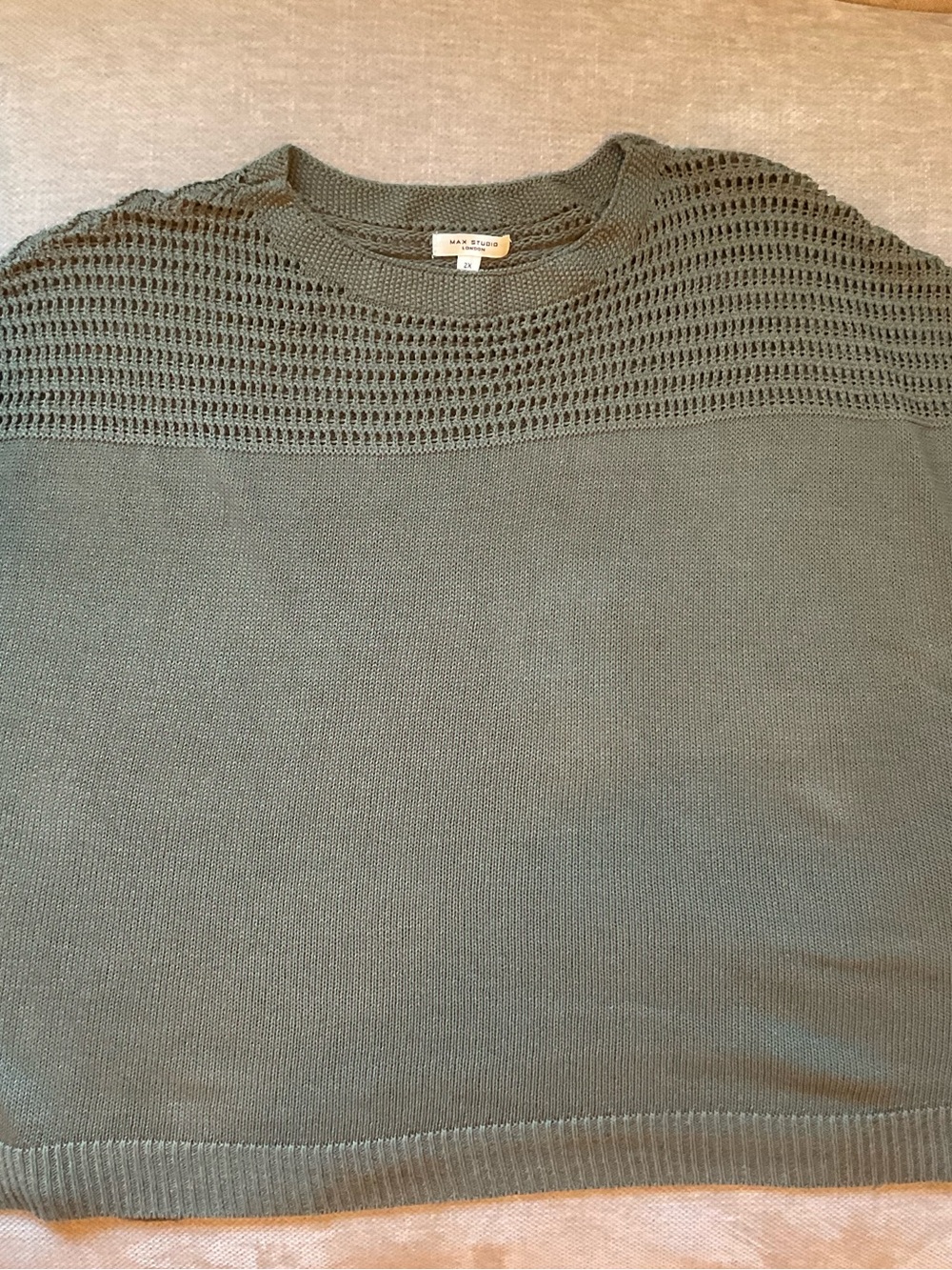 Max Studio Army Green Crochet Yoke Scoop Neck Sweater